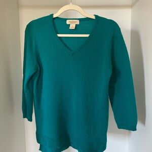Cashmere Quarter Sleeve Teal V-Neck Women's 2-ply Sweater